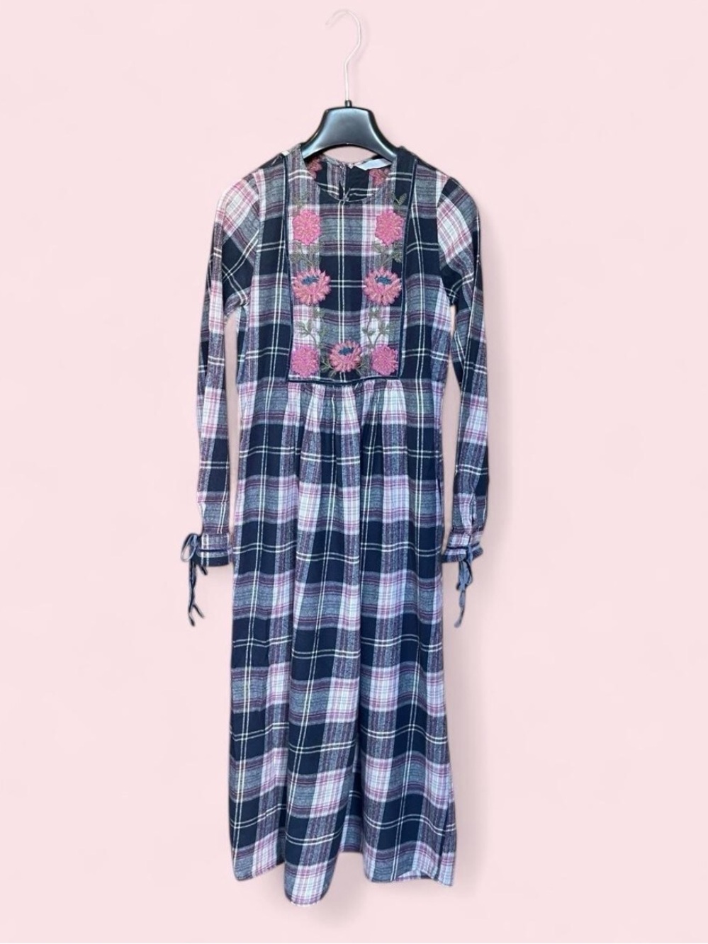 NWOT Zara 1970s Cotton Floral Embroidered Plaid Velvet Ribbon Maxi Dress XS